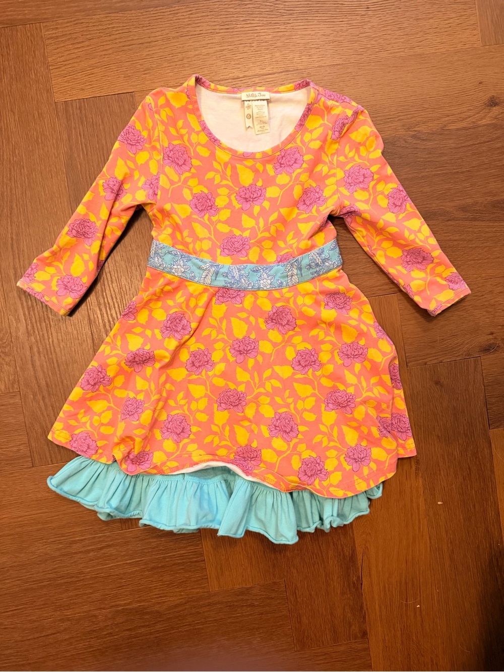 Matilda Jane Girls Size 6 Floral Double Layer Ruffle Dress Orange Pink Blue